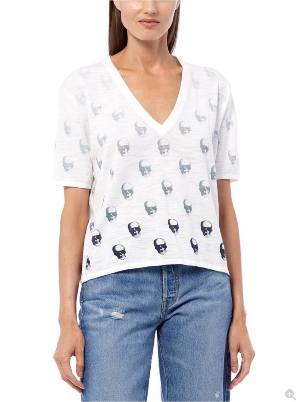 Skull Cashmere White Skull Print V Neck Top M Short Sleeve Graphic Tee